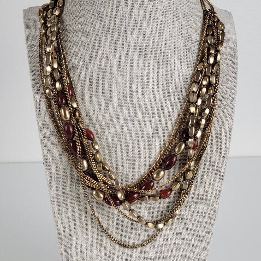 Kenneth Cole Gold-Tone Carnelian Glass Bead Multi-Strand Layered Necklace 19 In